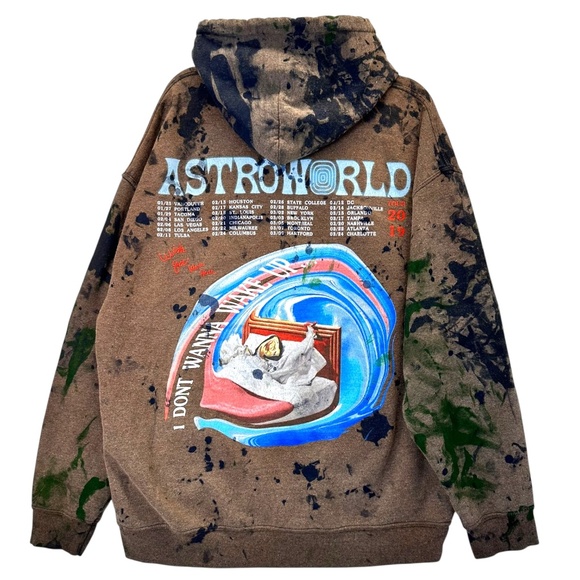 Travis Scott 2019 AstroWorld Wish You Were Here Brown Thrashed Tour Hoodie L - Picture 2 of 10
